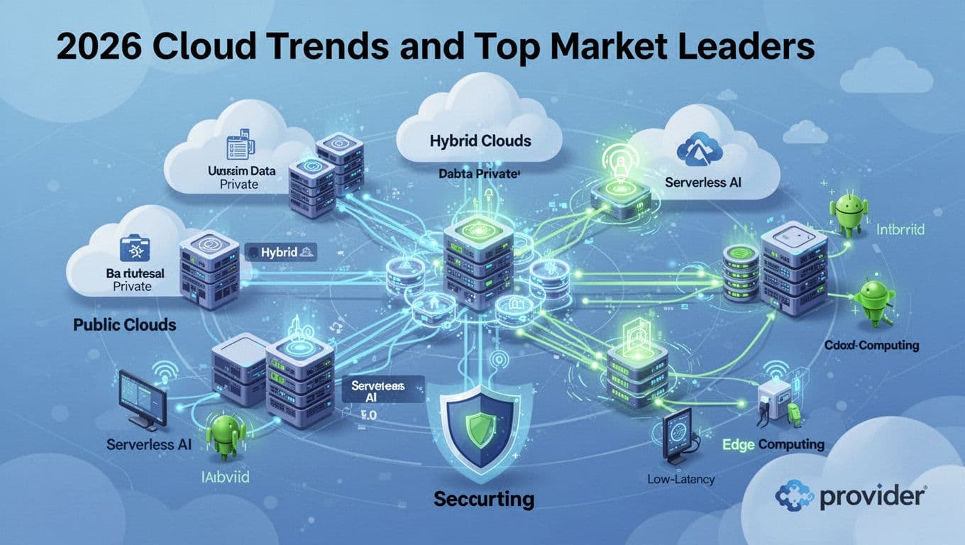 Modern overhead illustration of 2026 cloud computing trends in clean blue-green shapes: hybrid public-private clouds, serverless AI nodes, edge IoT devices, and security shields protecting data streams.