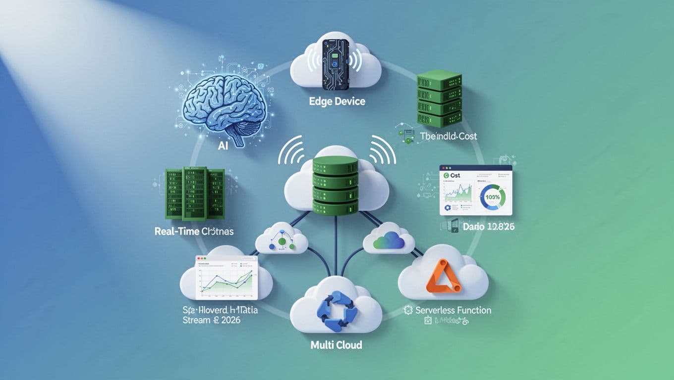 Modern flat design illustration of seven key 2026 cloud trends icons—AI brain, edge device, green data center, cost dashboard, real-time data stream, multi-cloud bridges, serverless function—arranged in a dynamic circle on a dynamic blue-green gradient background.