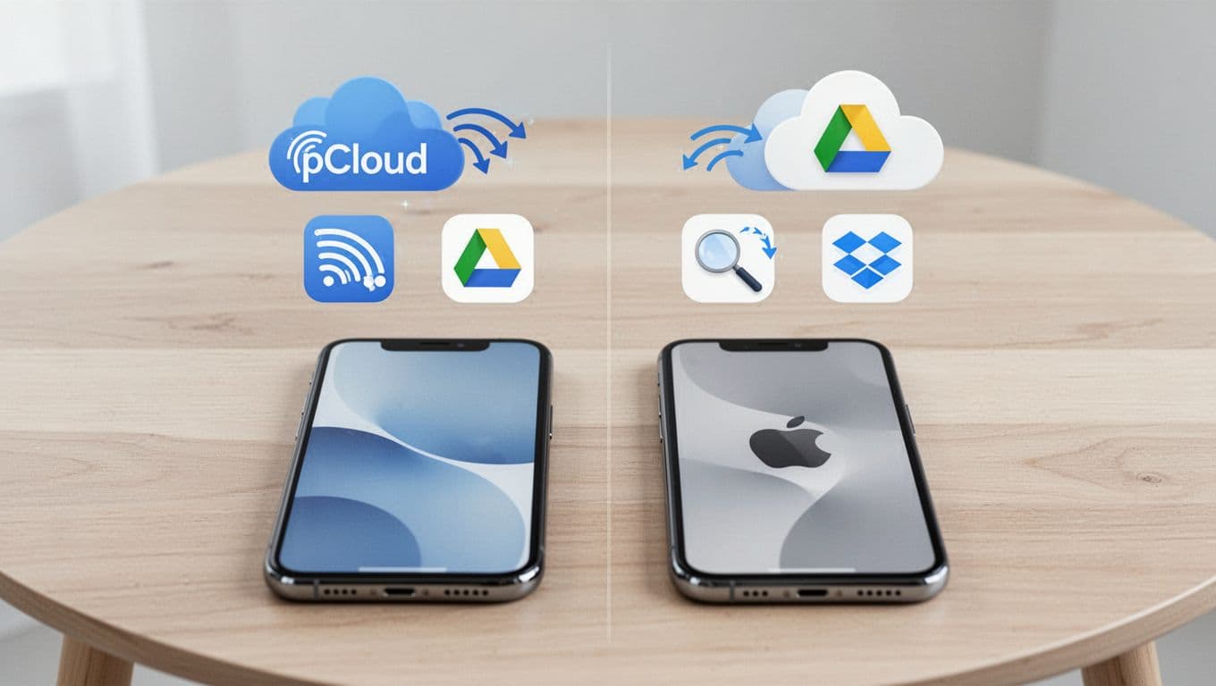 Modern illustration featuring an Android smartphone and iPhone side by side on a minimalist wooden table, with floating icons of pCloud, Google Drive, and Dropbox cloud services above them.