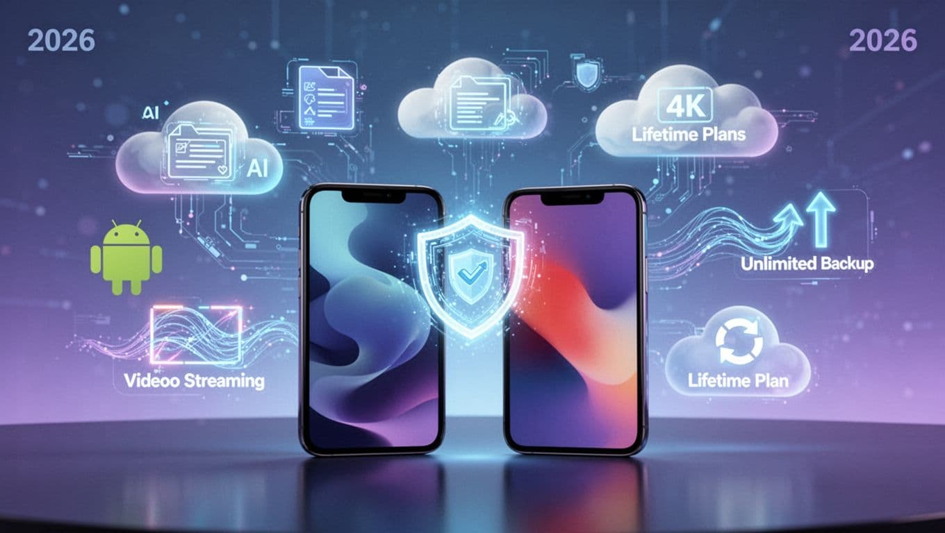 Modern illustration of an Android smartphone and iPhone side by side on a sleek surface, surrounded by floating futuristic cloud icons for AI file sorting, encryption, 4K streaming, unlimited backups, and lifetime plans against a soft glowing blue-purple background.