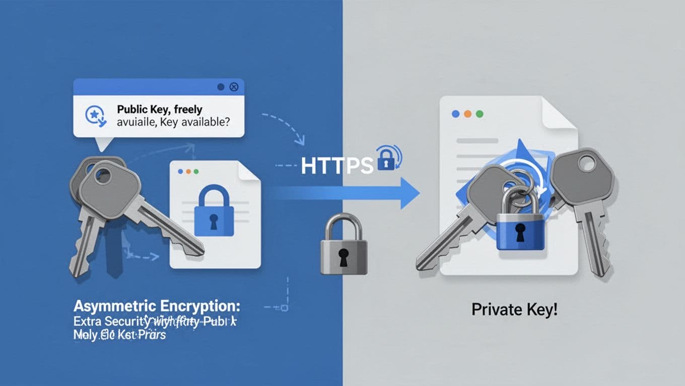 Modern illustration depicting a public key on the left sending to a locked file and a private key on the right unlocking it, connected by a secure transmission arrow with an HTTPS lock icon.