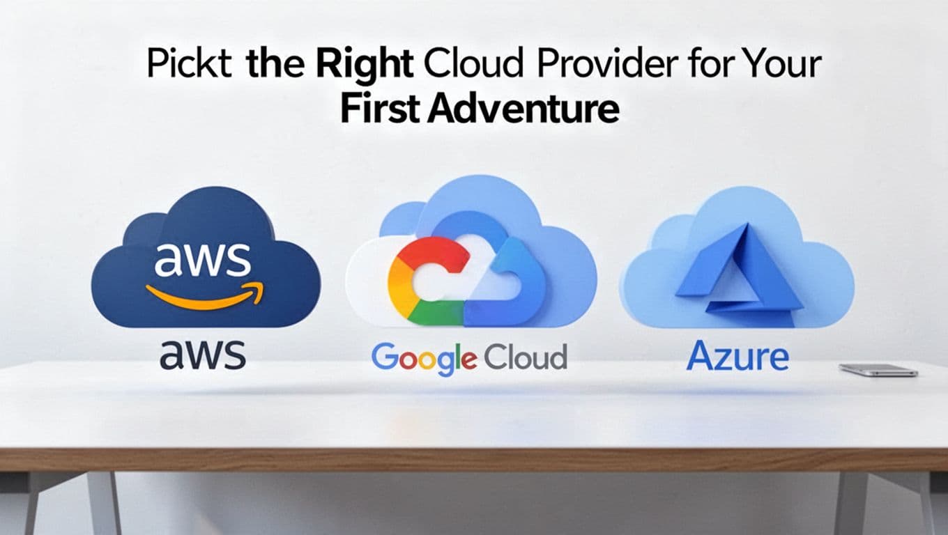 Modern illustration of three cloud icons representing AWS, Google Cloud, and Azure side by side on a simple desk background with clean shapes, blue-white palette, strong central composition, bright even lighting, exactly three icons no people no text no logos no watermarks.