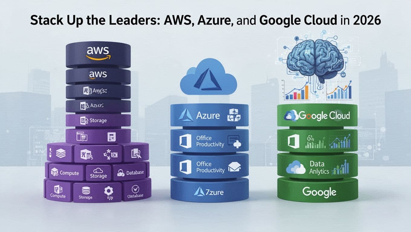 Illustration comparing AWS, Azure, and Google Cloud strengths in 2026.