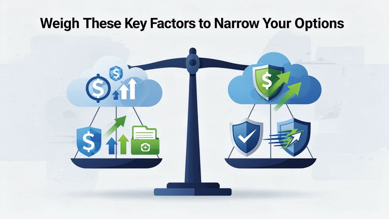 Modern illustration of a balance scale comparing cloud cost icons like dollar signs, data arrows, and backup folders against performance shields and speed arrows, using clean shapes in blue and green tones on a simple background.