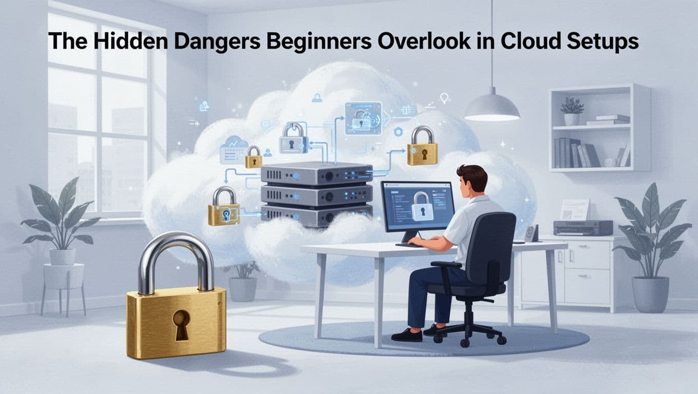 Modern illustration of a beginner user in a home office desk overlooking security padlocks on a fluffy cloud server setup, with clean shapes and soft blue-white palette.