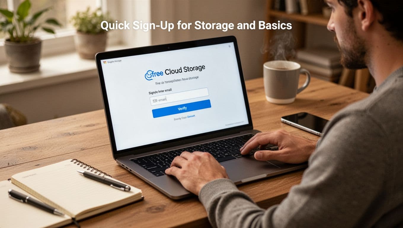 A beginner user at a cozy home desk uses their laptop to sign up for free cloud storage via a simple email entry and verify button form. The setup includes a notebook and phone nearby, captured in realistic photo style with natural indoor lighting.