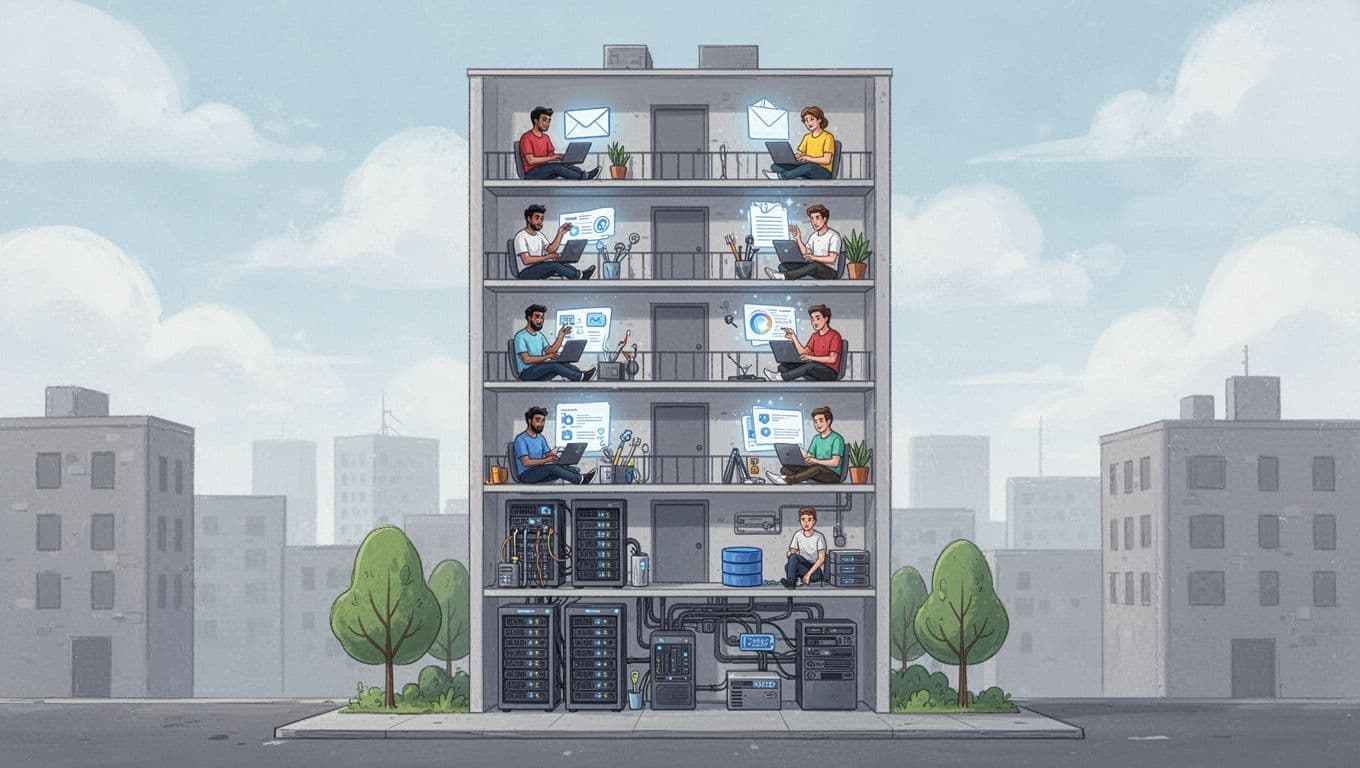 Modern illustration of a tall apartment building representing cloud service models: ground floor with servers and infrastructure, middle floors with developers building apps, top floors with users accessing ready apps like email on laptops, viewed from street level.