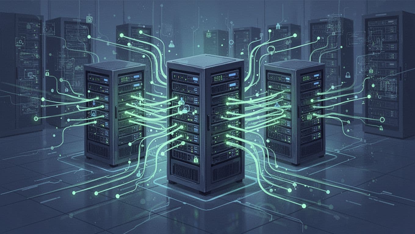 Modern illustration of exactly three servers in a data center processing data streams and running applications, using clean shapes, blue and green palette, dynamic composition and lighting.