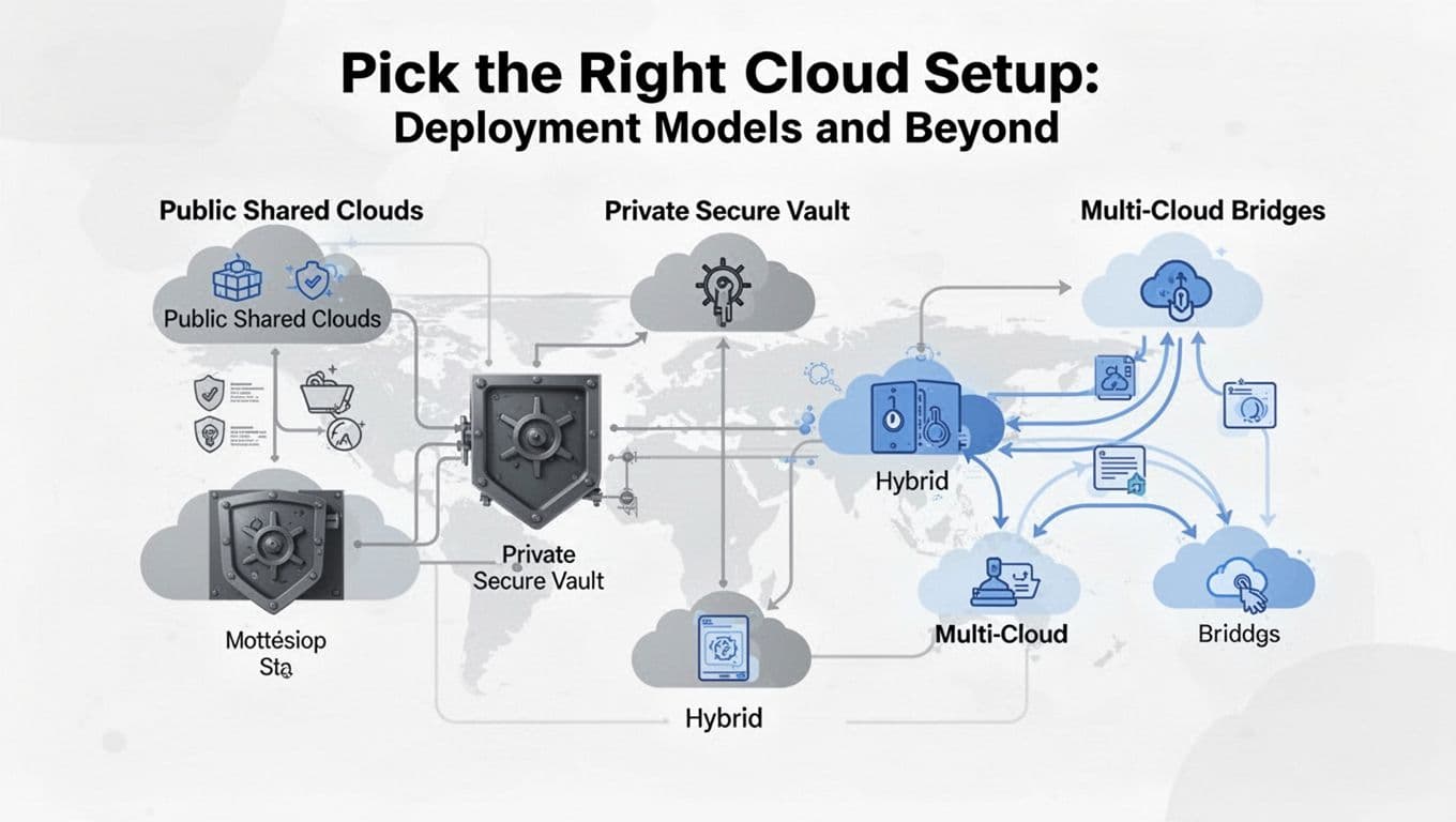 Modern illustration of cloud deployment models including public shared clouds, private secure vaults, hybrid mixes, and multi-cloud bridges, featuring connected icons in clean shapes with a neutral palette.