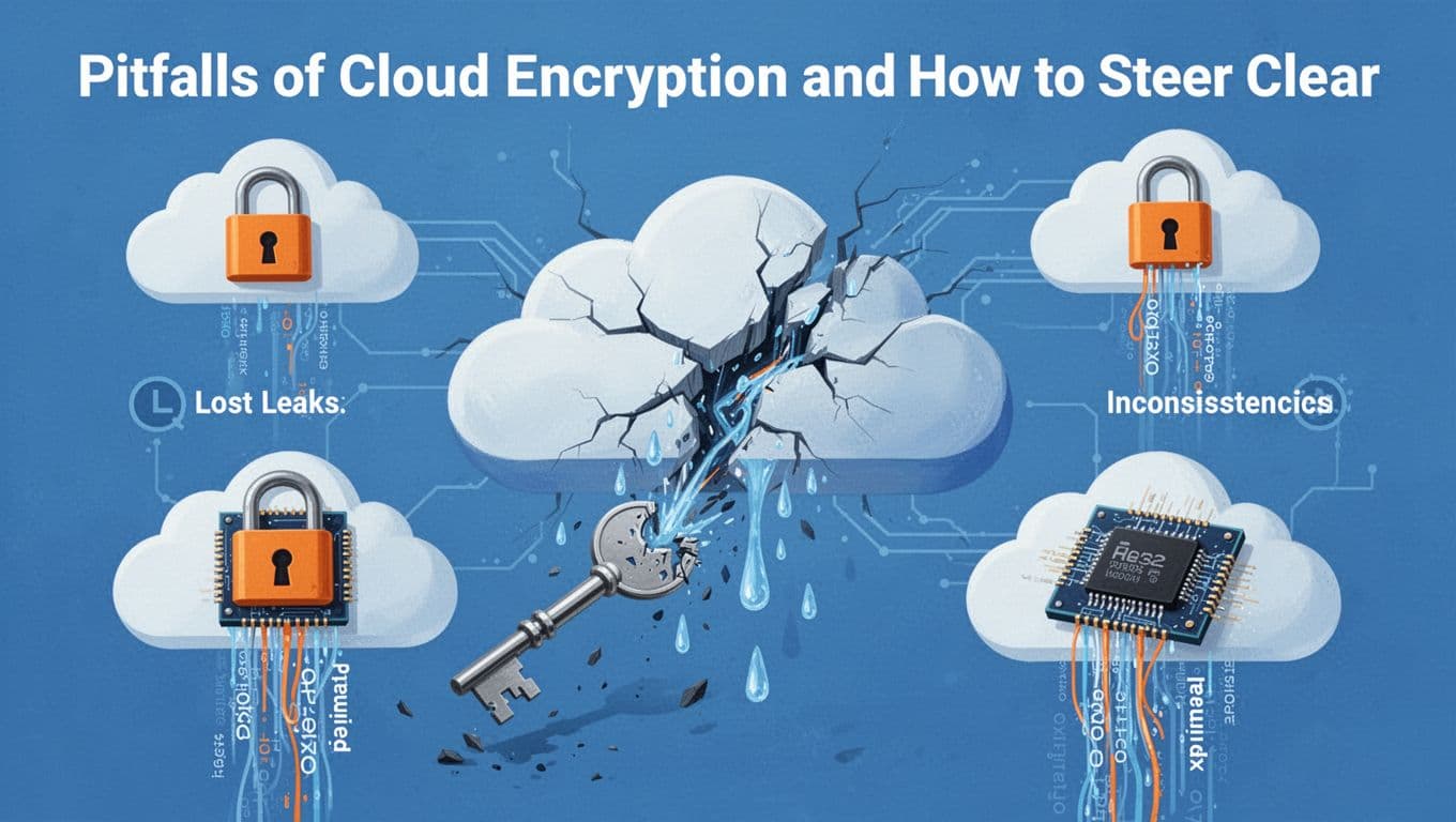 Illustration of cloud encryption pitfalls showing cracks, a broken key, inconsistent locks, and exposed data from memory in blue and orange tones.