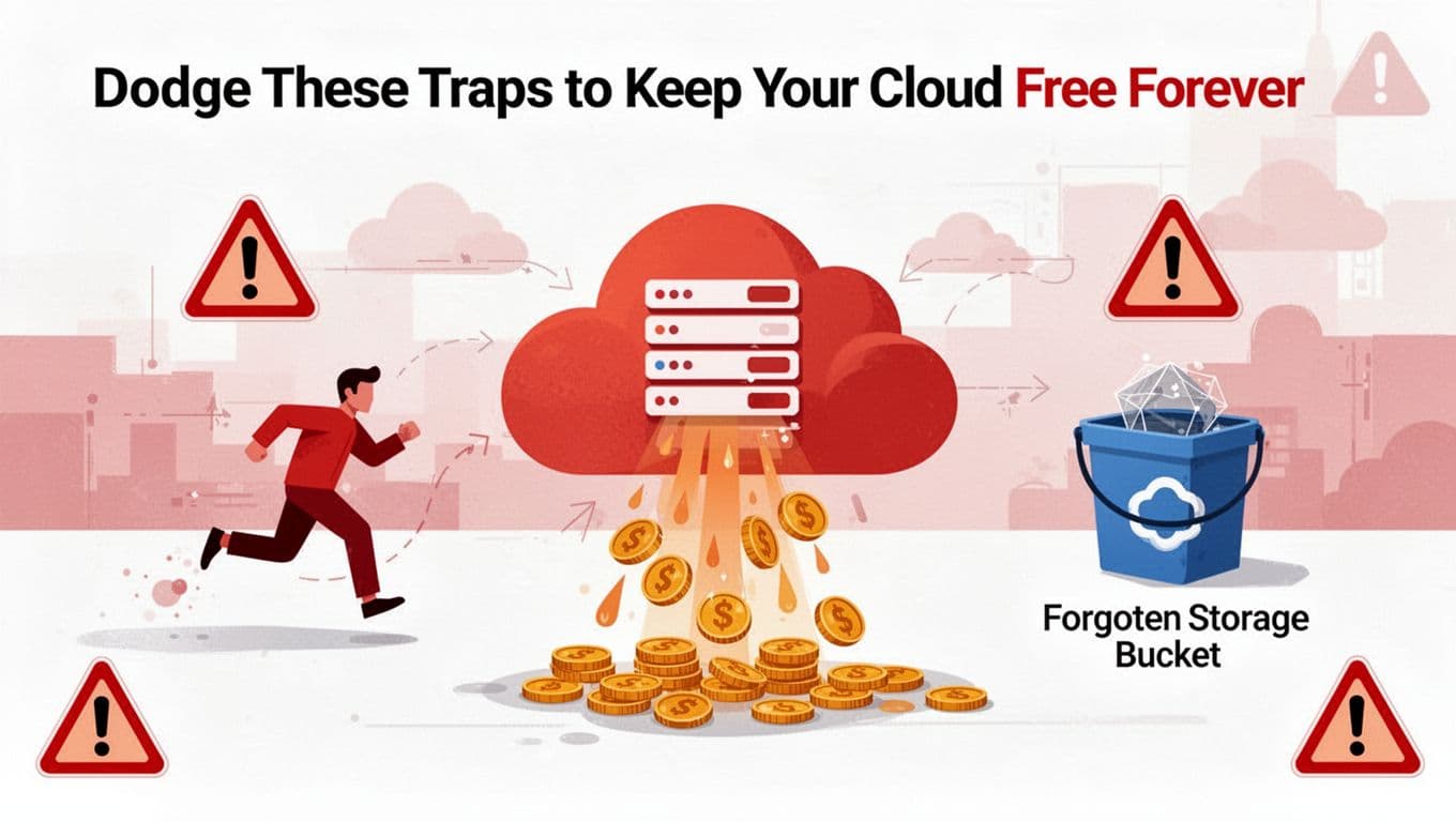 Modern illustration of cloud pitfalls featuring a running VM leaking coins and a forgotten storage bucket with warning symbols in red and orange tones.