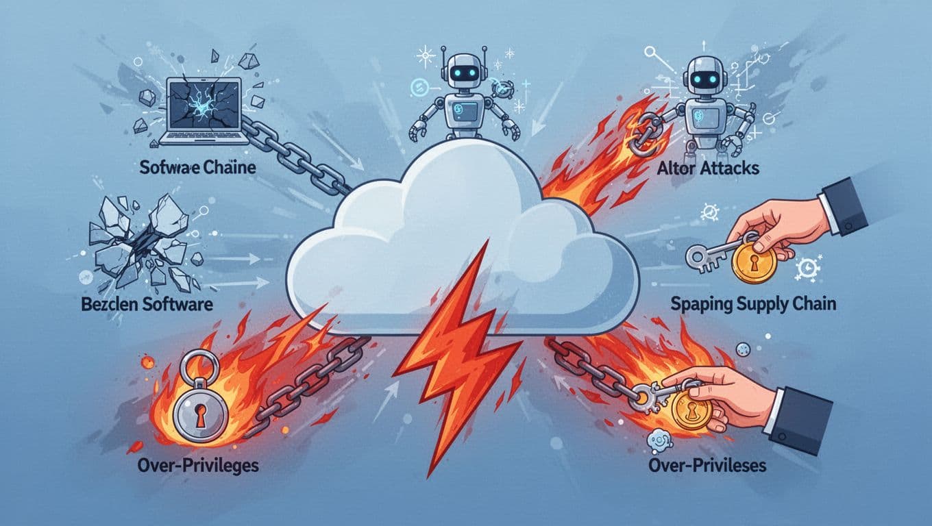 Modern illustration of a central cloud icon under threat from five icons: broken software chain for vulnerabilities, AI robot scanning attacks, snapping supply chain links, overflowing keyring for over-privileges, and hand stealing token. Dynamic composition uses cool blues for the cloud and warm reds/oranges for threats on a soft blue gradient background.