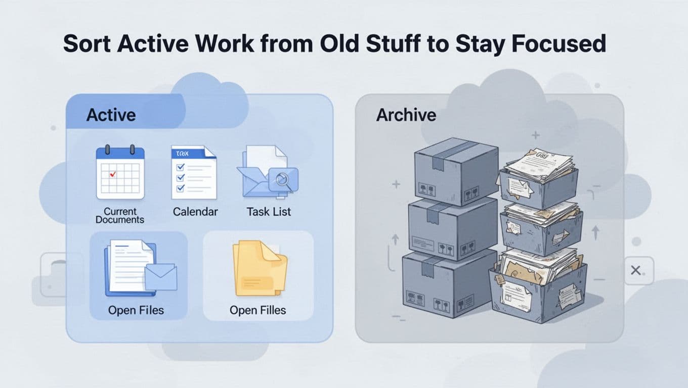 Modern illustration in soft blue and gray tones depicting a cloud storage interface split into Active folder with current documents, calendar, tasks, and open files, and Archive folder with stacked boxes and old files.