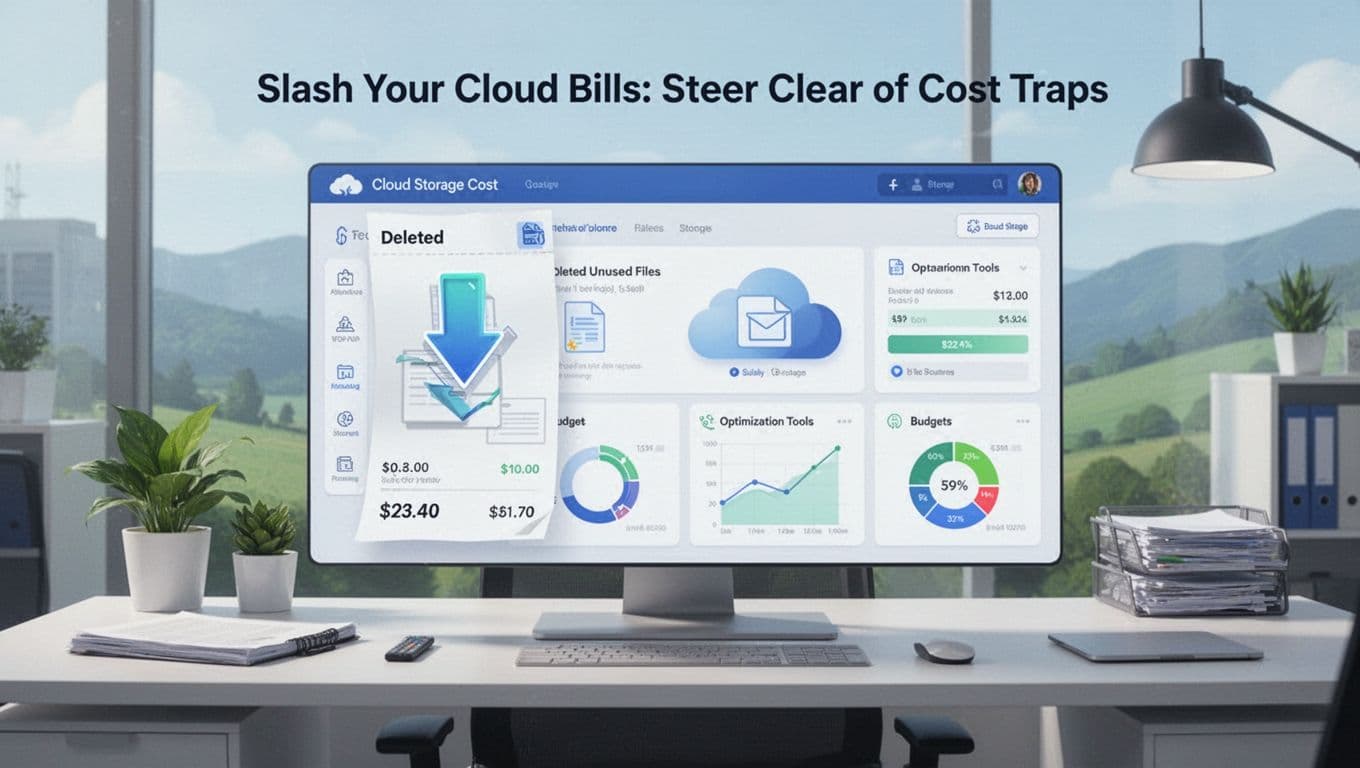 Modern illustration in clean shapes and blue-green colors depicting a cloud storage cost dashboard with a downward arrow on bill, icons of deleted unused files, and optimization tools like graphs and budgets on an office desk in landscape view with soft lighting.