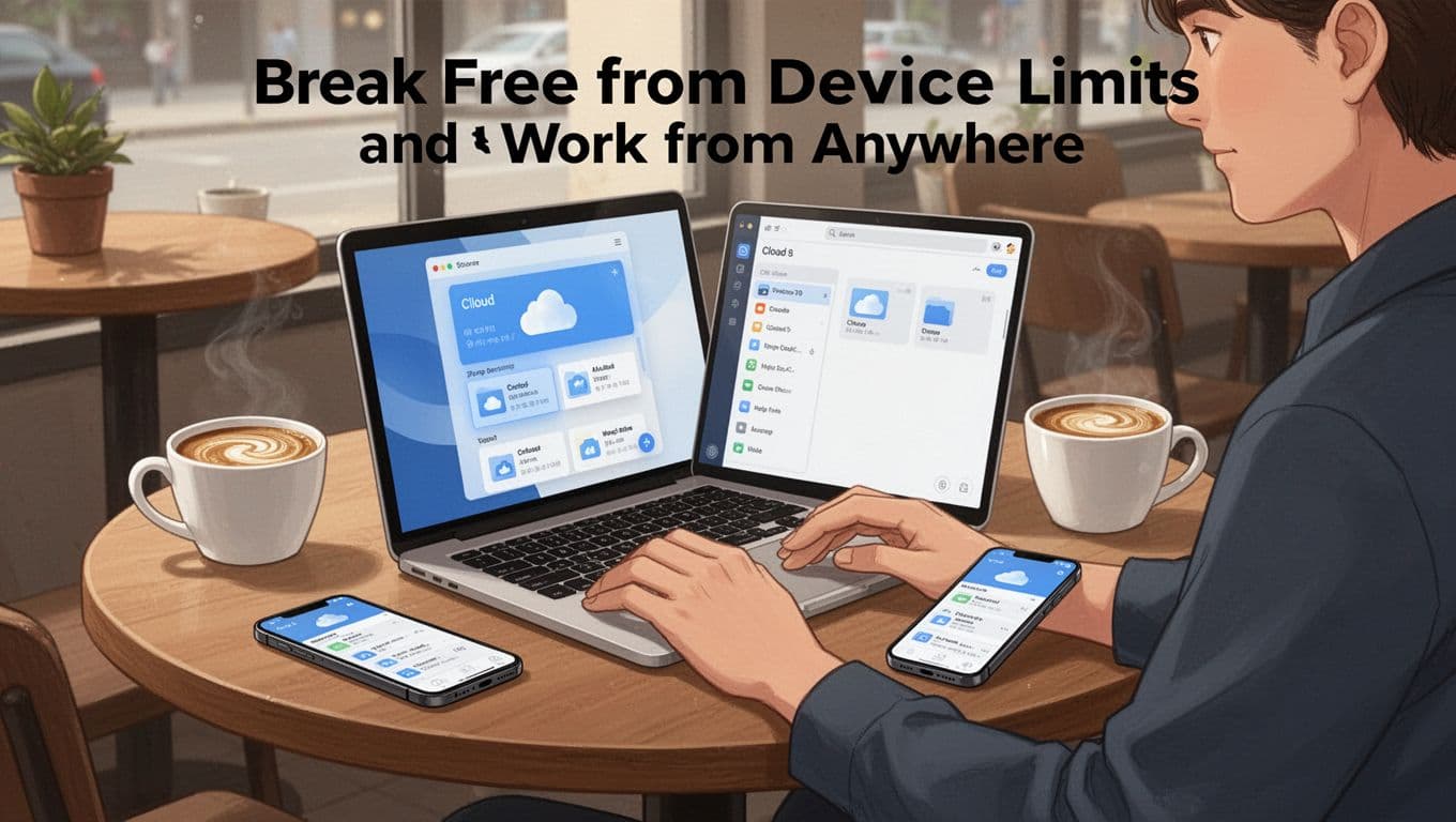 Modern illustration of a person at a coffee shop table using a laptop open to a cloud storage app and a nearby phone showing the same files, with a coffee cup beside, highlighting remote file access.