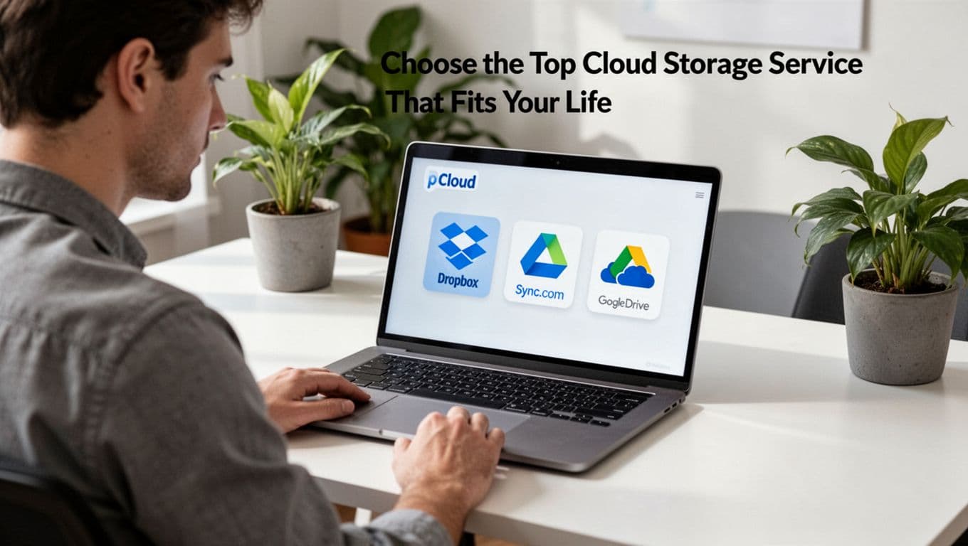 A person sits at a modern desk in a home office, comparing popular cloud storage services like pCloud, Dropbox, Sync.com, Google Drive, and OneDrive displayed on a laptop screen viewed at an angle. Realistic photo style with natural daylight lighting, clean background with plants, and landscape composition.
