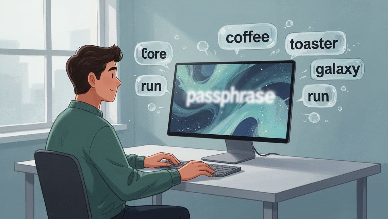 A single person sits relaxed at a simple desk with hands resting near the keyboard, surrounded by floating idea bubbles with words like 'coffee toaster galaxy run', while the screen shows a subtly blurred abstract passphrase.
