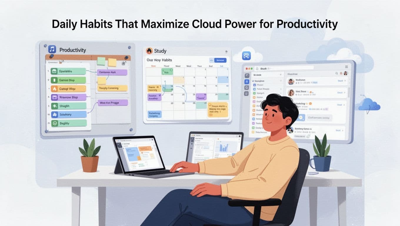 Modern illustration of one person at a desk in relaxed pose with screens displaying task board, calendar, and shared document for study and work habits using cloud apps.