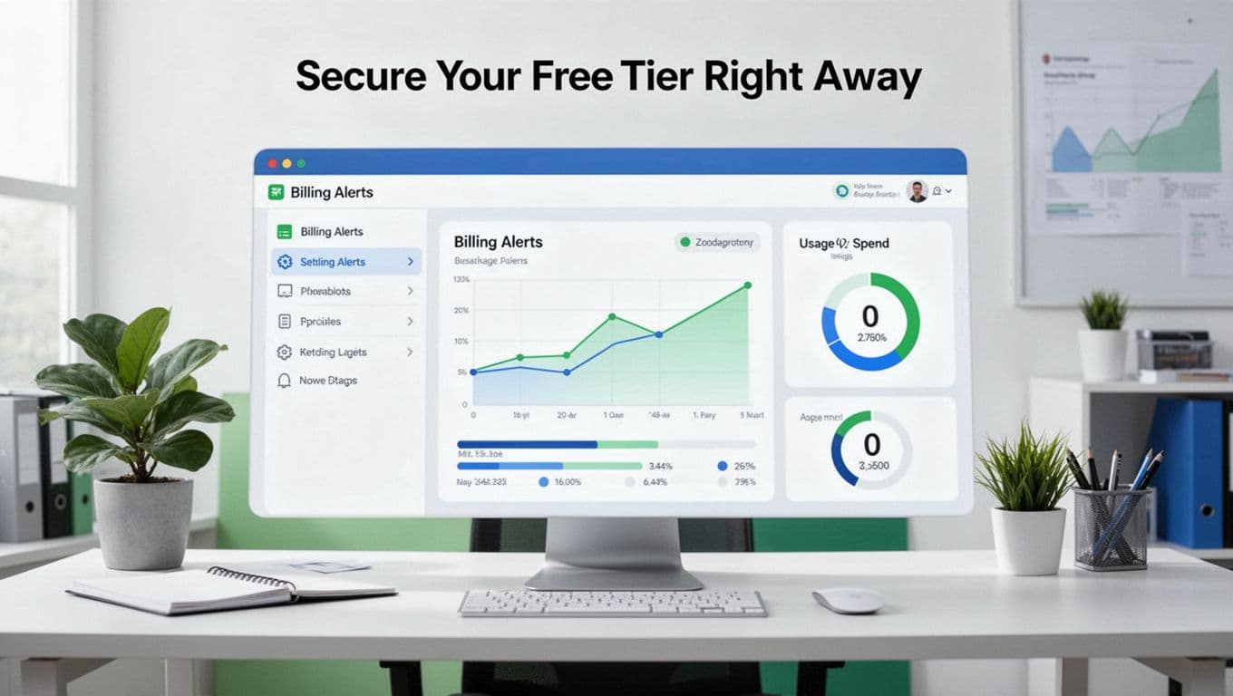 Modern illustration of a dashboard with billing alert settings and usage graph showing zero spend, office desk view in clean green and blue tones.