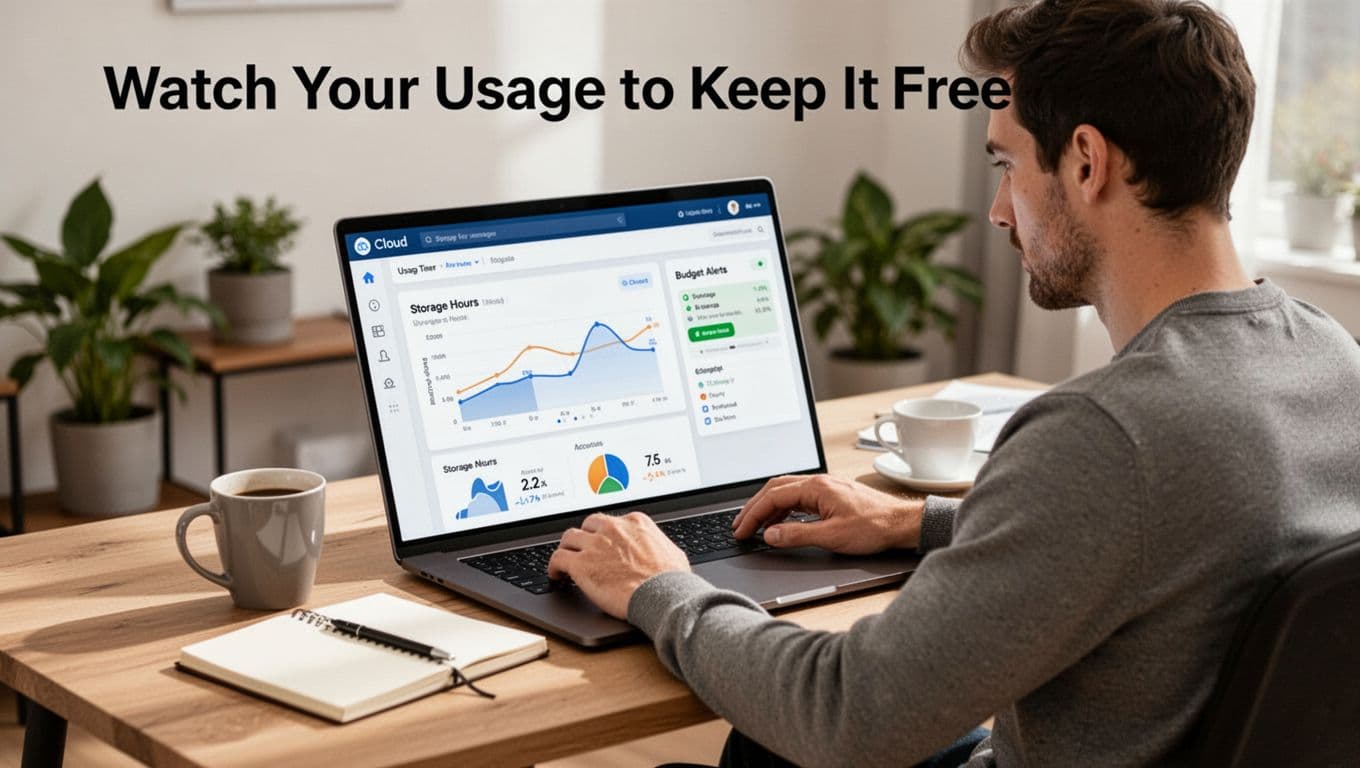 A developer in a modern home office sits at a desk checking a cloud dashboard on a laptop screen displaying usage graphs for storage hours and budget alerts panel open, coffee mug and notebook nearby.