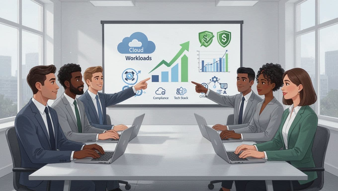 Modern illustration of five diverse business professionals seated around a conference table in a bright office, pointing at a screen showing icons for cloud workloads, growth arrows, budget charts, compliance badges, and tech stack symbols.