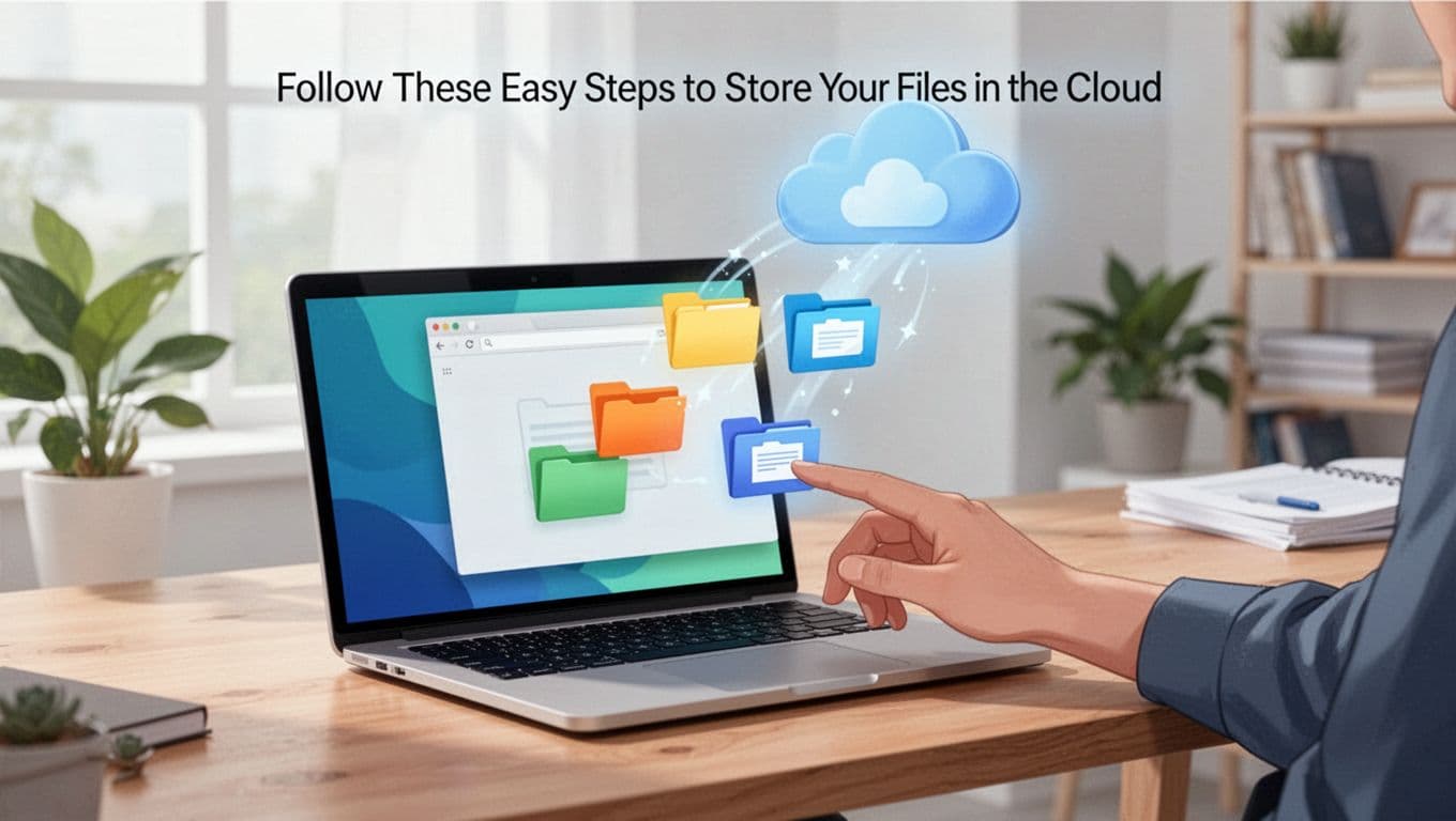 Modern illustration of a laptop on a wooden desk in a bright home office, where a hand drags colorful file icons from a desktop folder to an open browser window with a subtle cloud icon, syncing files smoothly upward.