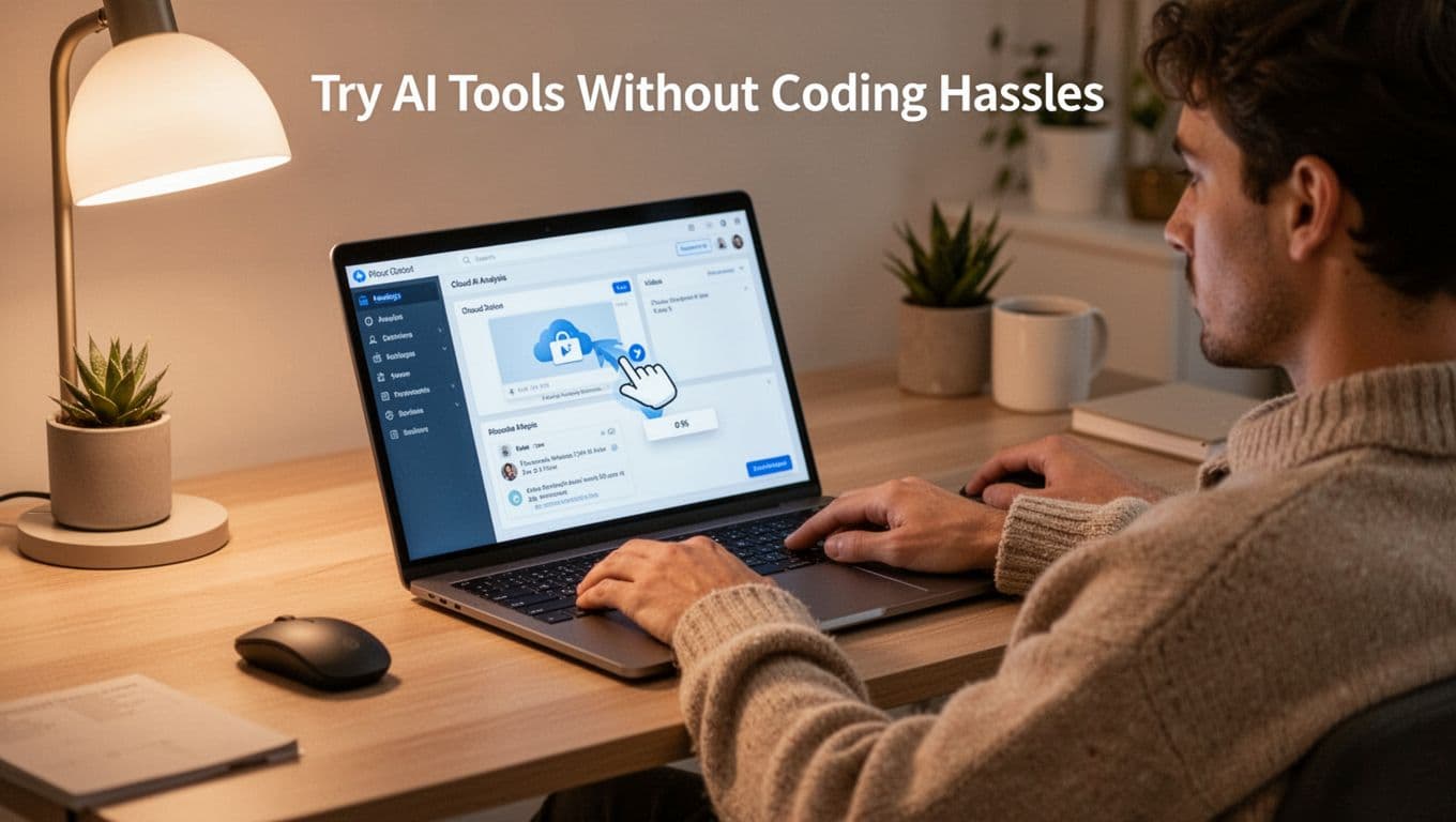Person in cozy home office uploading video via drag-and-drop to cloud AI analysis console on angled laptop screen, relaxed pose, soft lighting, modern minimalist setup.