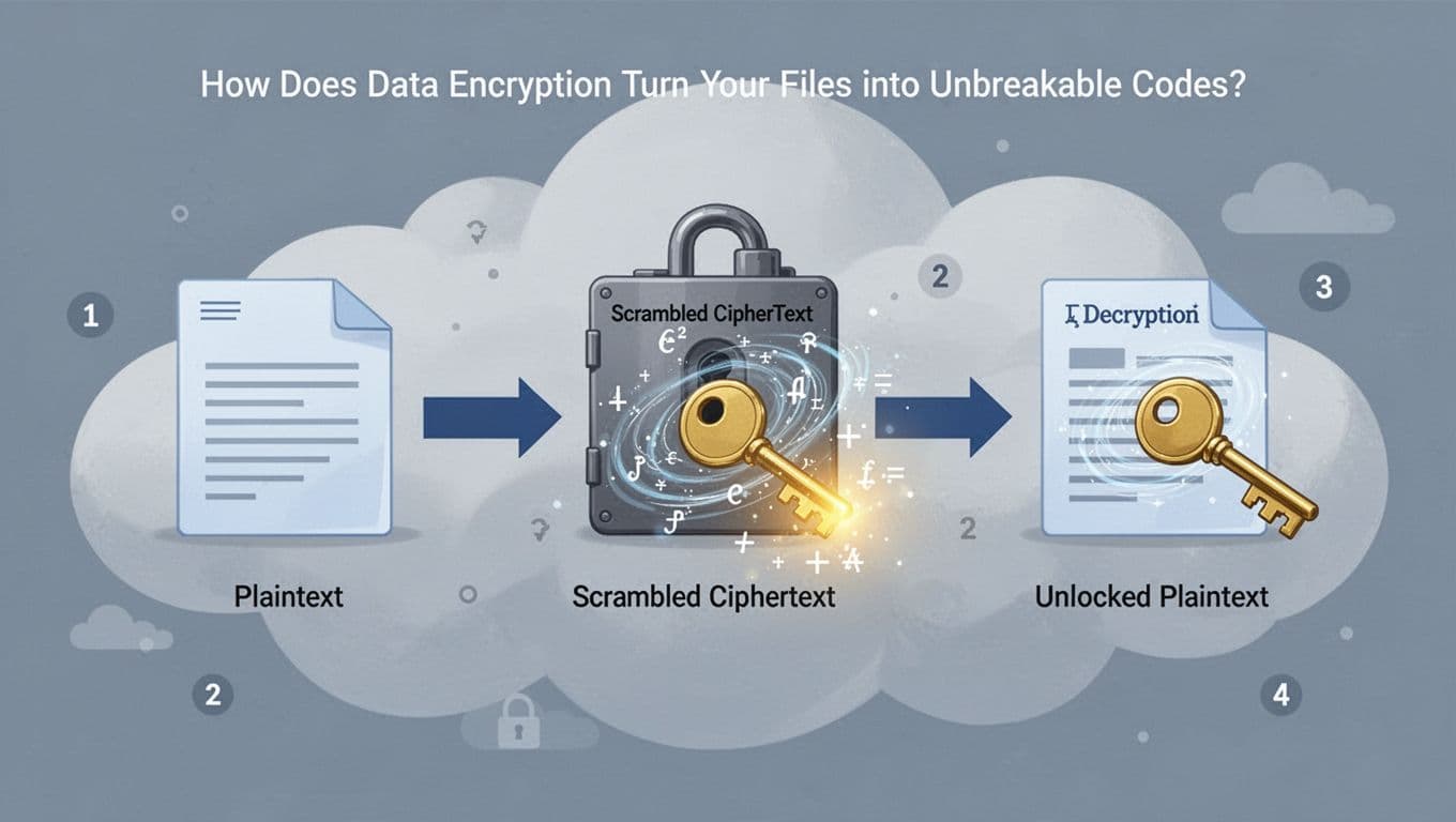 Modern illustration showing plaintext file encrypted to locked ciphertext with a key, then decrypted back to plaintext, in a cloud background with implied steps.