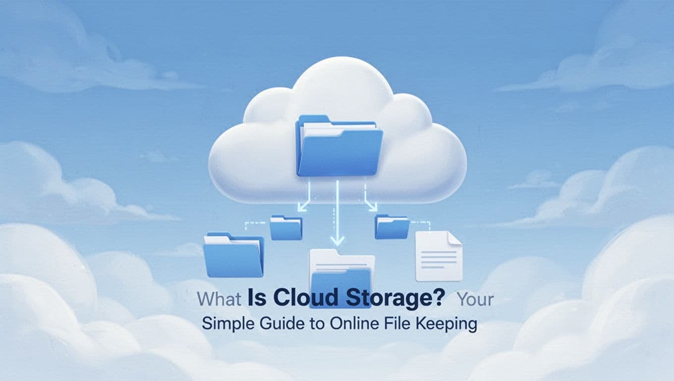 Modern illustration of files and folders uploading to a cloud icon in a sky setting, featuring clean shapes and a blue-white palette.