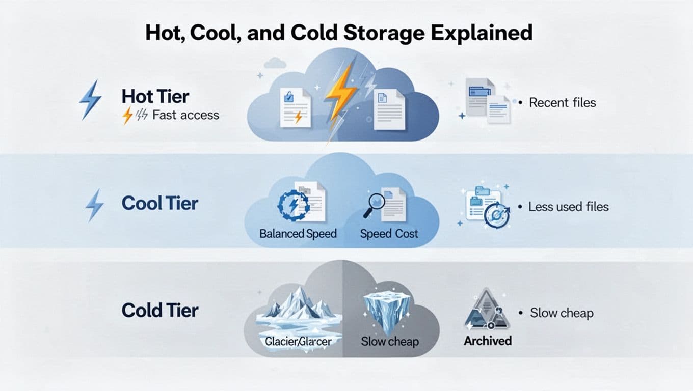 Modern illustration in soft blue and gray tones showing three vertically stacked cloud storage tiers: Hot with lightning-fast access icons, Cool with balanced speed-cost icons, and Cold with glacier-slow cheap archived files.