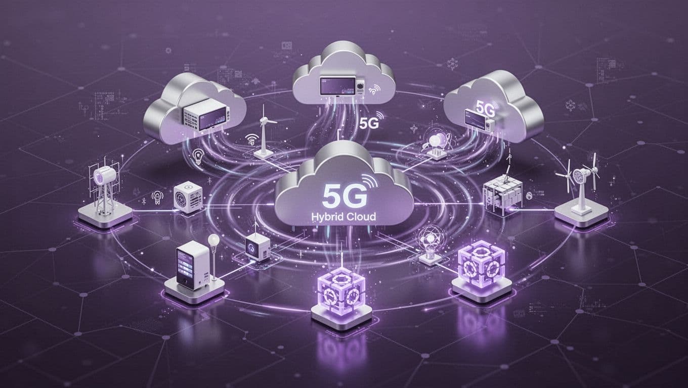 Modern illustration of a hybrid cloud setup with edge devices connected to central clouds via 5G waves, featuring IoT sensors and blockchain nodes in a purple-silver palette with soft glow lighting.
