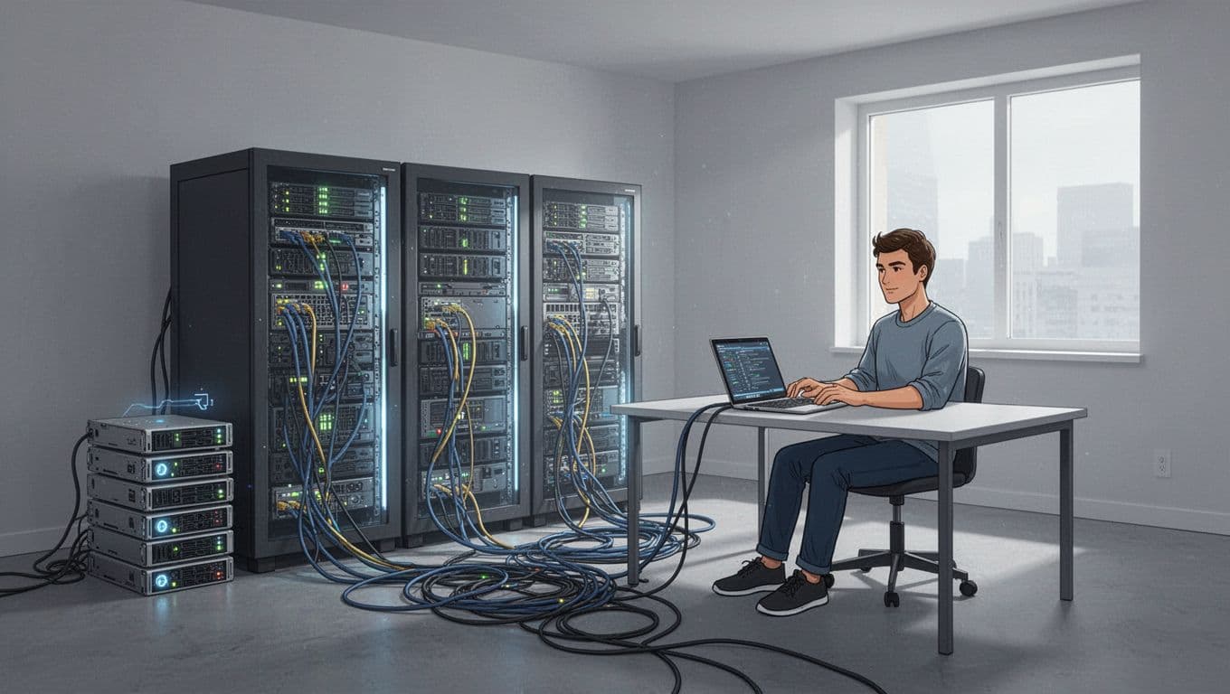 Modern illustration of a bare empty apartment room as IaaS analogy, with glowing server racks, stacked storage drives, tangled network cables, and one developer configuring at a simple desk with laptop.