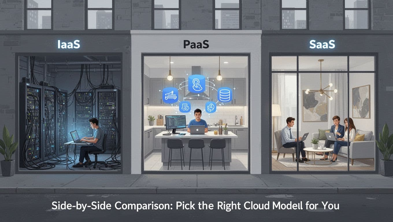 Side-by-side apartment analogy showing IaaS, PaaS, and SaaS as different levels of control and setup.