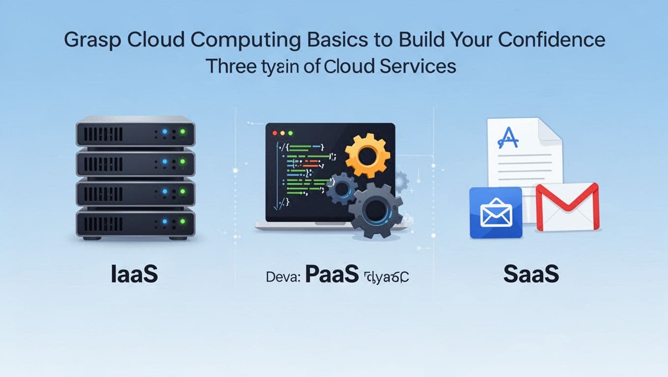 Three flat vector icons illustrating cloud service types for beginners, showing IaaS, PaaS, and SaaS concepts.