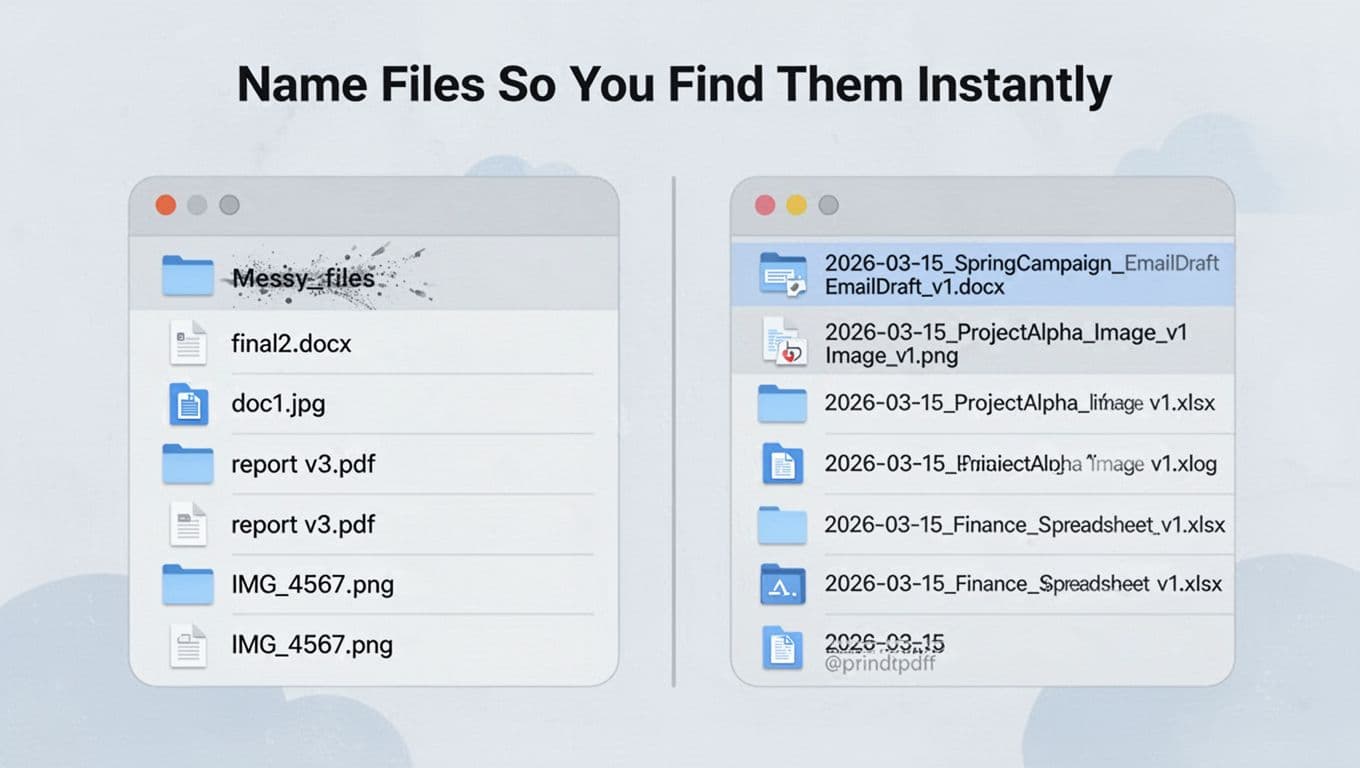 Modern illustration in soft blue and gray tones comparing messy file names on the left with organized, date-prefixed names on the right in cloud storage lists.