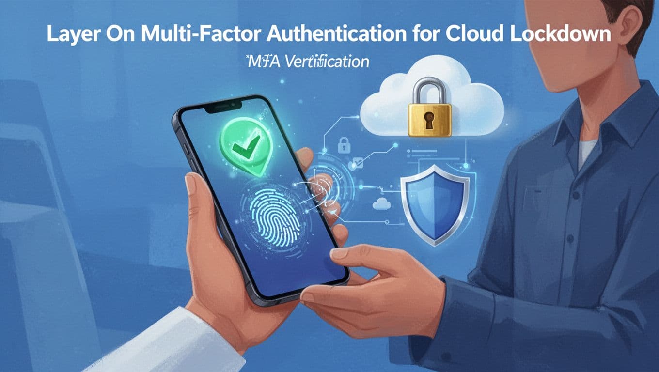 Person holding smartphone displaying glowing approval notification for login via fingerprint scan, connected to cloud with password lock and shield. Modern illustration style in clean shapes, blue tones, dynamic composition, and soft lighting.