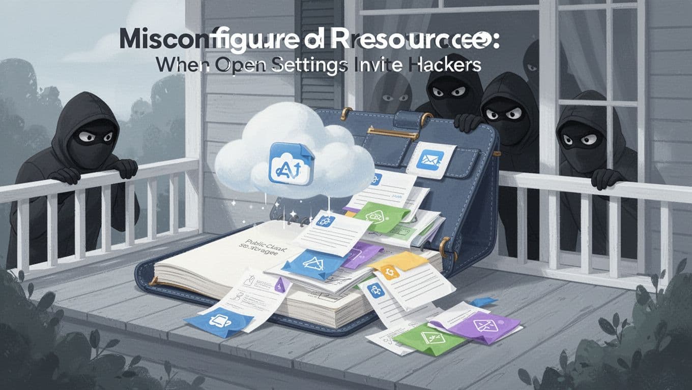 Modern illustration of a public cloud storage bucket depicted as an open diary on a porch, with hackers peeking at exposed files spilling out, using clean shapes and soft blue-gray tones.
