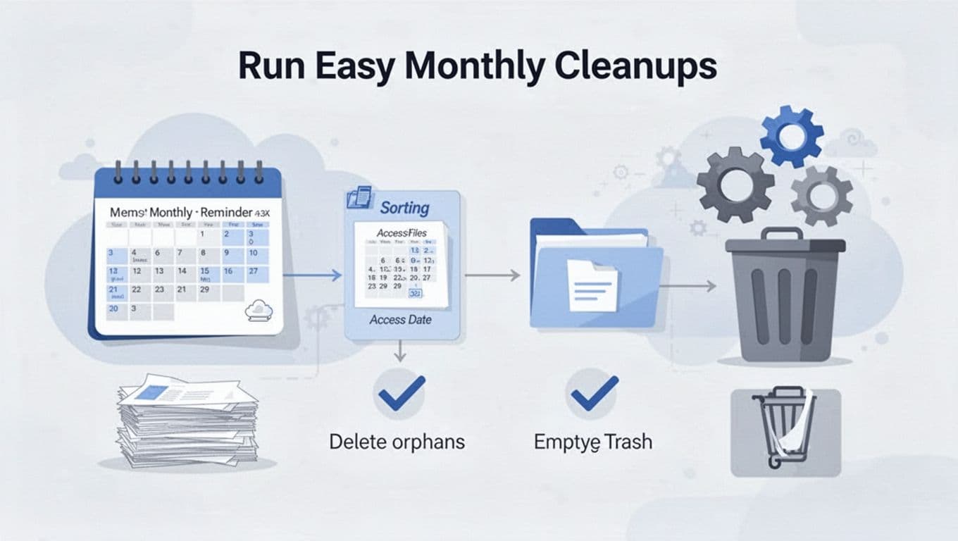 Modern illustration in soft blue and gray tones showing a simple automation workflow for cloud storage cleanup with calendar reminder, file sorting, orphan deletion, and trash emptying.