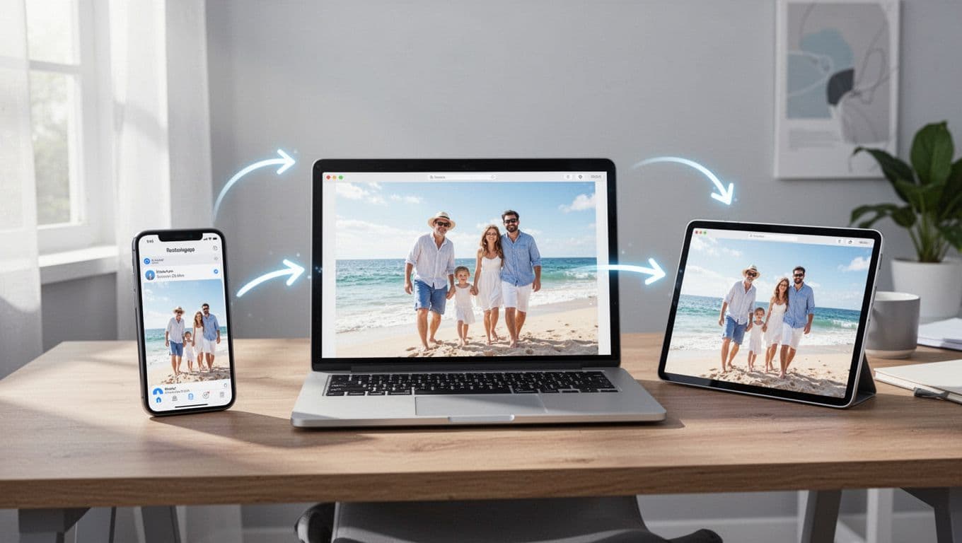 Modern illustration featuring a smartphone, laptop, and tablet on a wooden desk in a bright home office, all screens showing the same family vacation beach photo with subtle glowing sync arrows indicating real-time synchronization across devices.