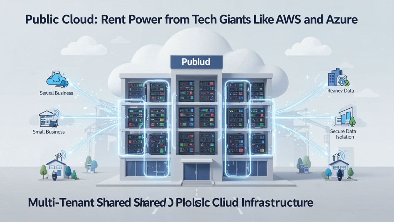Modern illustration of a large public cloud data center with colorful virtual servers shared among tenants, internet connections from small business icons, and secure glowing barriers for data isolation. Clean shapes in blues, whites, and light grays with strong front-view composition.
