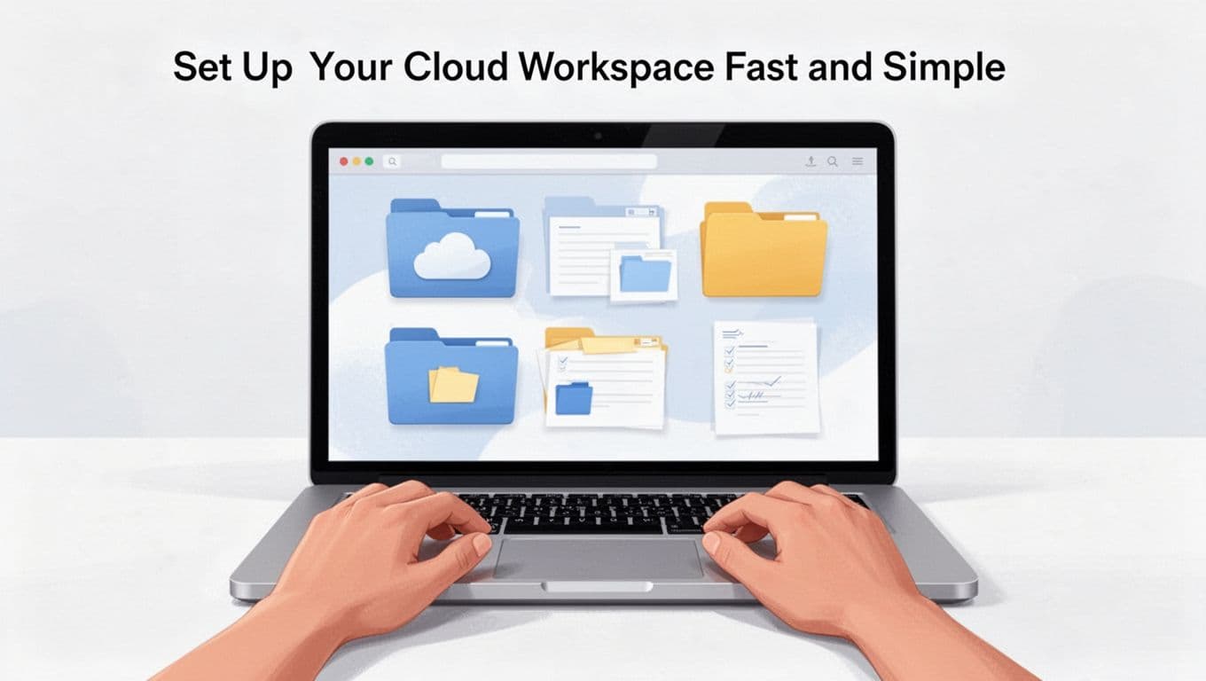 Modern illustration featuring clean shapes and controlled colors of an organized cloud folders and files setup on a laptop digital workspace screen for work projects and study notes, with two hands resting naturally.