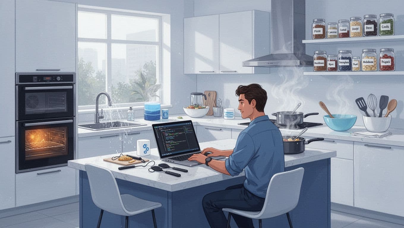 Modern illustration of a developer coding at a kitchen island in a furnished modern kitchen representing PaaS, surrounded by symbolic cooking tools for runtime, database, middleware, and active services.