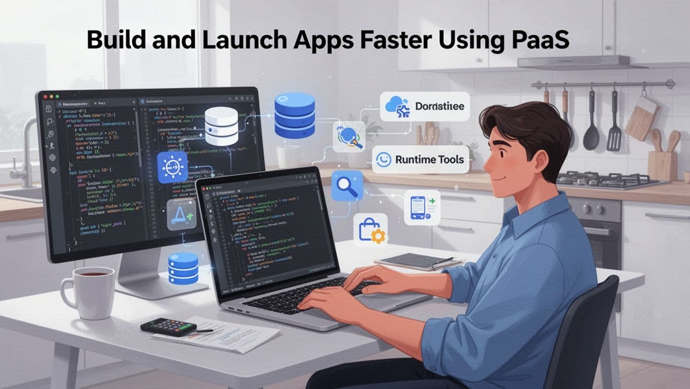 Modern illustration of a clean developer workspace with code editor, database icons, runtime tools, and floating app building elements around a laptop where one relaxed coder works, evoking a fully equipped kitchen.
