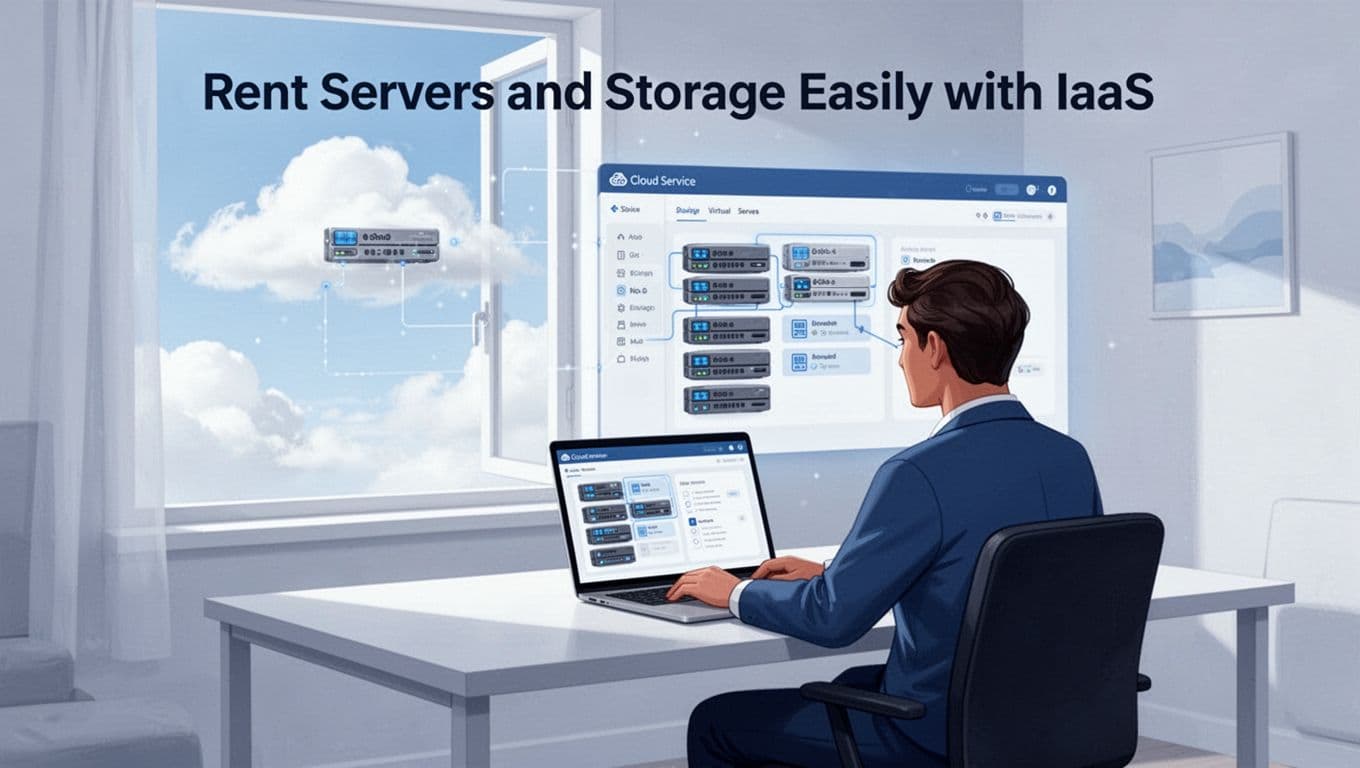 Modern illustration of one person at a desk in an apartment accessing virtual servers and storage on a cloud service dashboard, with a cloud analogy outside the window, using clean blue-white shapes and natural lighting.