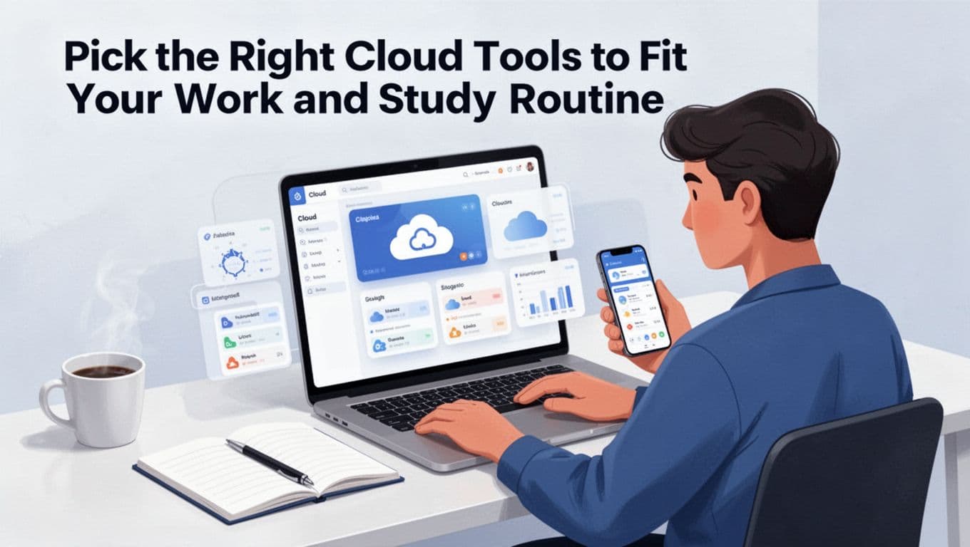 Modern illustration of one person at a desk working on laptop and phone with various cloud tool interfaces, featuring clean shapes, controlled colors, notebook, coffee, simple background, and soft lighting.