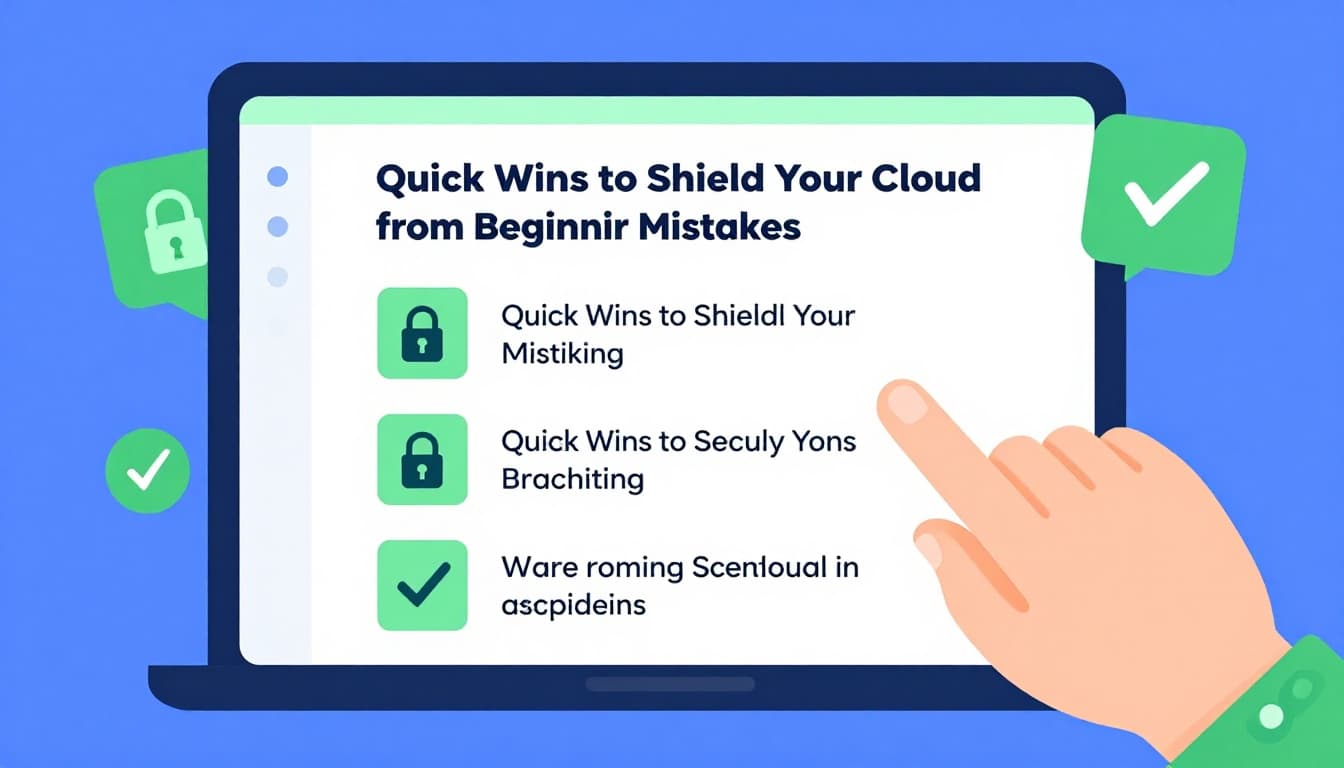 Modern illustration of a quick security checklist and MFA setup on a simple dashboard, featuring clean shapes, bright green accents on blue background, lock and check icons, angled laptop prop, and one hand resting nearby.