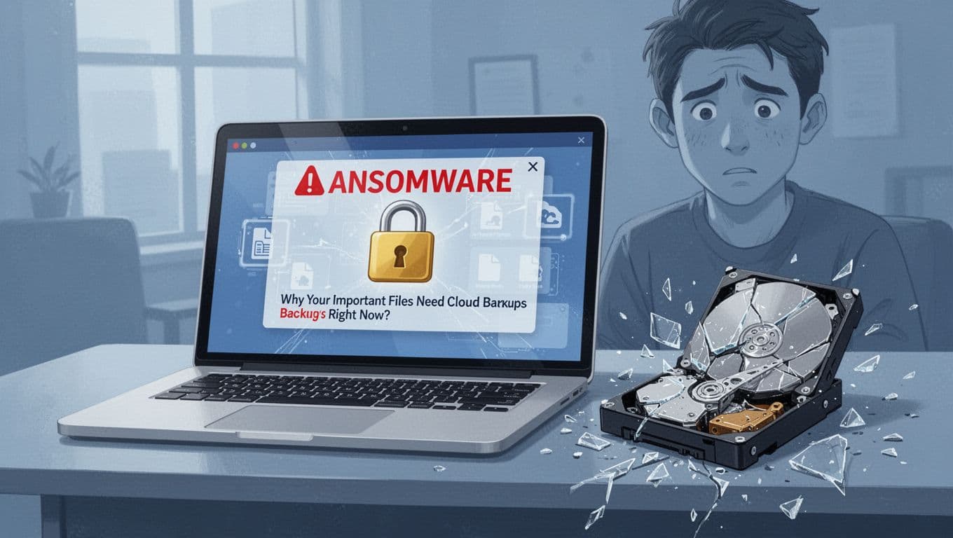 Modern illustration in clean blue tones featuring a laptop showing a ransomware warning with locked files next to a shattered hard drive, and a subtle worried expression on one person's face in the background.