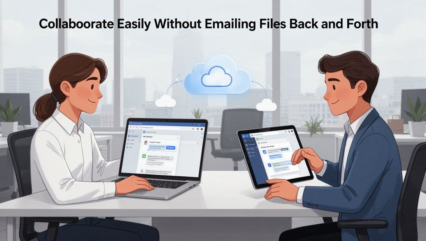 Two professionals in a modern office collaborate seamlessly on a shared cloud document: one edits on a laptop at a desk, the other views real-time changes on a tablet, connected by a subtle cloud icon.