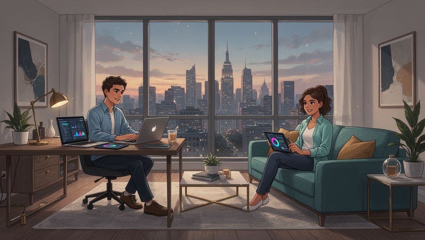 Two people collaborating in a modern, fully furnished apartment lounge to represent SaaS ease and always-on access.