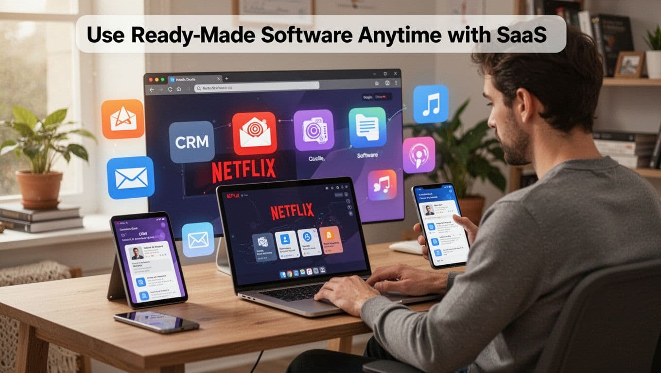 Modern illustration of a person in a cozy office using laptop, tablet, and phone to access browser-based productivity apps like email and CRM, in clean shapes with vibrant palette and natural light.